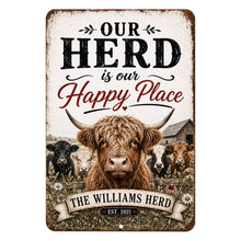 Load image into Gallery viewer, Personalized Our Herd Is Our Happy Place Highland cow metal sign with custom family name
