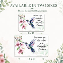 Load image into Gallery viewer, Available in two sizes graphic for hummingbird angel metal sign in 8 x 12 and 12 x 18
