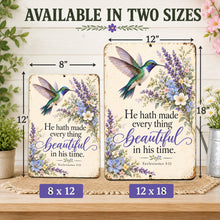 Load image into Gallery viewer, Hummingbird Bible verse aluminum wall sign size comparison showing 8 x 12 inch and 12 x 18 inch options with matching purple floral artwork.
