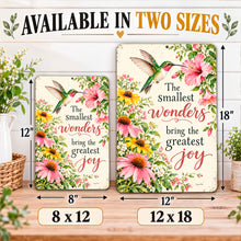 Load image into Gallery viewer, Smallest Wonders hummingbird aluminum wall sign shown in 8 x 12 inch and 12 x 18 inch sizes with matching floral artwork.
