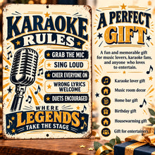 Load image into Gallery viewer, Karaoke Rules metal wall art featured in a music-themed gift graphic with suggestions for singers, music lovers, and karaoke party hosts.
