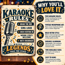 Load image into Gallery viewer, Decorative Karaoke Rules aluminum sign with product features highlighting durable construction, colorful printing, easy hanging, and retro music artwork.
