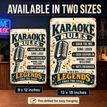 Load image into Gallery viewer, Karaoke Rules metal sign shown in 8 by 12 and 12 by 18 inch sizes with retro microphone artwork and navy blue vintage lettering.
