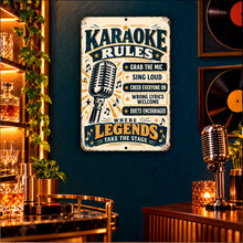 Load image into Gallery viewer, Vintage microphone karaoke sign displayed in a cozy music lounge with warm lighting, dark walls, and wooden furnishings.
