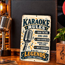 Load image into Gallery viewer, Retro karaoke rules sign leaning on a wooden counter beside a vintage microphone in a warmly lit home bar with dark wood accents.

