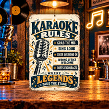 Load image into Gallery viewer, Funny karaoke wall sign displayed in a rustic bar setting with music-inspired decorations and glowing amber lights.
