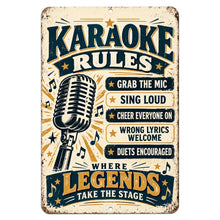 Load image into Gallery viewer, Karaoke Rules aluminum metal sign with vintage microphone, musical notes, navy blue and gold lettering, and Where Legends Take the Stage slogan on a white background.
