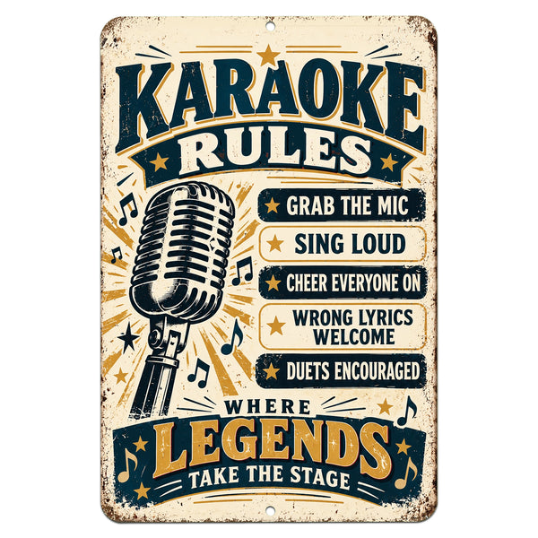 Karaoke Rules aluminum metal sign with vintage microphone, musical notes, navy blue and gold lettering, and Where Legends Take the Stage slogan on a white background.