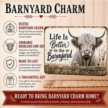 Load image into Gallery viewer, Barnyard Charm infographic featuring Highland cow metal sign, durable aluminum construction, and gift ideas
