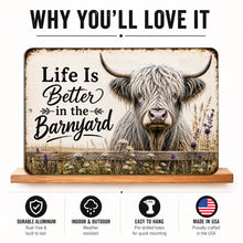 Load image into Gallery viewer, Why You’ll Love It infographic for Highland cow barnyard metal sign and farmhouse decor

