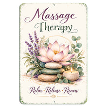 Load image into Gallery viewer, Massage Therapy aluminum metal sign featuring a watercolor lotus flower, lavender, eucalyptus, stacked spa stones, and a candle with the words Relax Release Renew.
