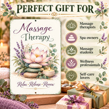 Load image into Gallery viewer, Massage Therapy lotus flower sign displayed with wrapped gifts and a guide featuring gift ideas for massage therapists, spa owners, massage students, wellness professionals, and self-care lovers.
