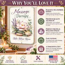 Load image into Gallery viewer, Massage Therapy metal sign beside a feature guide highlighting its peaceful lotus design, premium aluminum construction, suitability for wellness spaces, easy hanging, and gift appeal.
