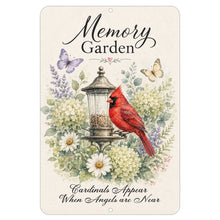 Load image into Gallery viewer, A rectangular memorial garden sign with rounded corners, featuring a red cardinal perched on a bird feeder surrounded by white flowers, green foliage, purple butterflies, and the text 'Memory Garden' and 'Cardinals Appear When Angels are Near' on a cream background.
