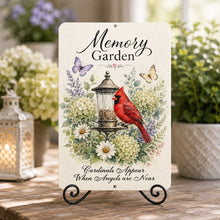 Load image into Gallery viewer, Cardinal Memory Garden sign displayed indoors on a decorative metal easel beside flowers and soft remembrance decor.
