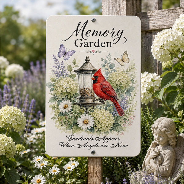 Cardinals Appear Memory Garden sign displayed among white hydrangeas, lavender, daisies, and peaceful garden greenery.