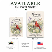 Load image into Gallery viewer, Size chart showing the Memory Garden metal sign in 8 by 12 and 12 by 18 inch options with pre-drilled mounting holes.
