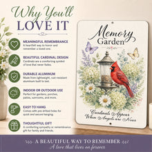 Load image into Gallery viewer, Why You’ll Love It graphic highlighting the Memory Garden sign’s cardinal artwork, durable aluminum, easy hanging, and sympathy gift appeal.

