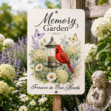Load image into Gallery viewer, Forever in Our Hearts Memory Garden sign mounted on a wooden post among hydrangeas, lavender, daisies, and a garden angel statue.
