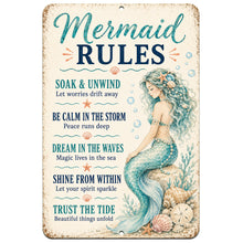 Load image into Gallery viewer, Mermaid Rules aluminum sign with turquoise mermaid and uplifting ocean-inspired sayings
