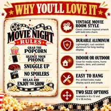 Load image into Gallery viewer, Movie Night Rules aluminum sign shown with illustrated product benefits, retro film graphics, and movie theater-inspired artwork.
