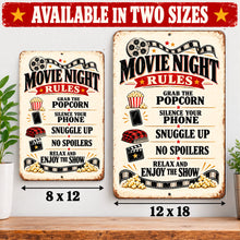 Load image into Gallery viewer, Movie Night Rules sign shown in 8 by 12 inch and 12 by 18 inch sizes with popcorn, movie reels, and classic cinema lettering.
