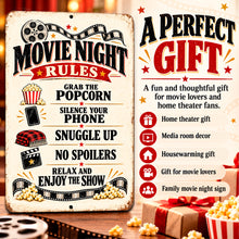 Load image into Gallery viewer, Movie Night Rules metal wall art featured in a gift inspiration graphic for movie lovers, home theater owners, and family movie night enthusiasts.

