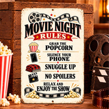 Load image into Gallery viewer, Retro movie rules sign displayed in a cozy entertainment setting with classic theater decorations, popcorn, and warm ambient lighting.
