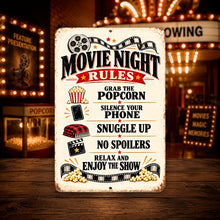 Load image into Gallery viewer, Retro home theater rules sign displayed with popcorn and movie-themed accessories in a warmly lit entertainment space.
