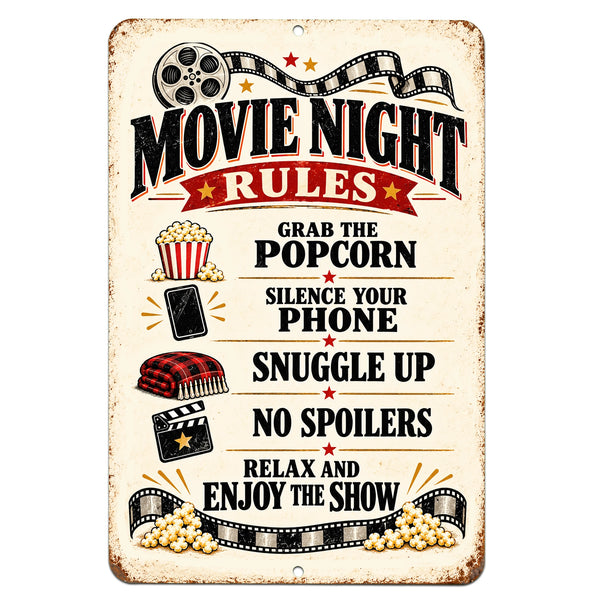 Movie Night Rules metal sign featuring vintage film reels, a clapperboard, popcorn, and red-and-black cinema lettering on a cream background.