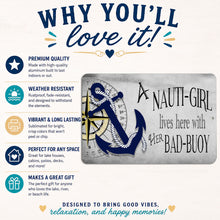 Load image into Gallery viewer, Nauti Girl Bad Buoy aluminum sign with details about printing, durability and hanging
