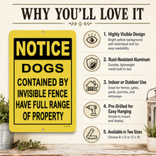 Load image into Gallery viewer, Notice Dogs Invisible Fence metal sign with rust-resistant aluminum, pre-drilled holes and outdoor display features
