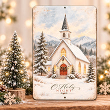 Load image into Gallery viewer, O Holy Night winter church sign displayed with a decorated Christmas tree, glowing lights, and festive greenery in a warm holiday setting.
