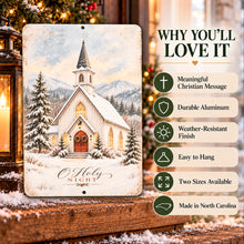 Load image into Gallery viewer, O Holy Night decorative metal sign shown with product benefits including durable aluminum, vibrant sublimation printing, and easy hanging.
