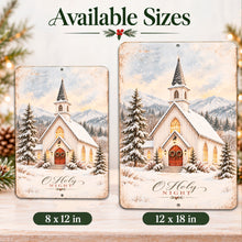 Load image into Gallery viewer, Christian Christmas church sign displayed in two vertical sizes, 8 by 12 inches and 12 by 18 inches, featuring a peaceful snowy chapel scene.
