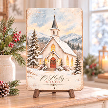 Load image into Gallery viewer, Vintage Christmas church aluminum sign displayed on a wooden tabletop with festive greenery, red berries, and soft holiday decorations.

