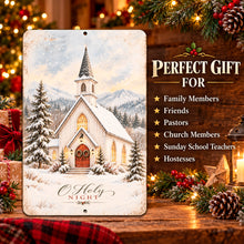 Load image into Gallery viewer, Religious Christmas metal wall art featuring a snowy white church, presented as a holiday gift for family, friends, pastors, and church members.
