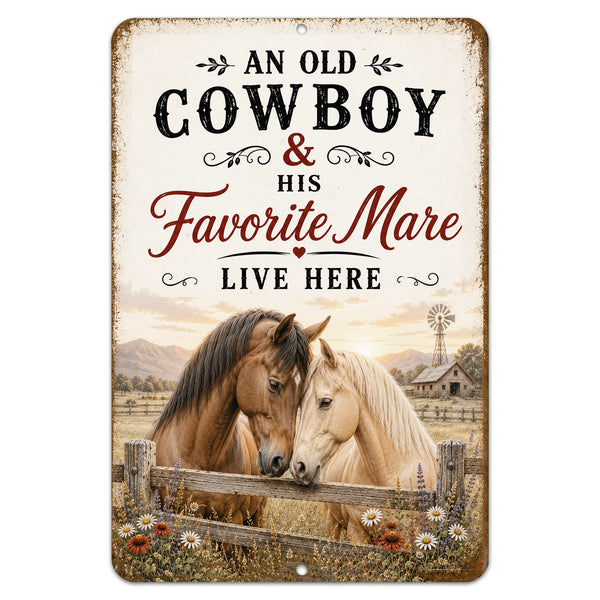Decorative sign with two horses and text about a cowboy and his mare.