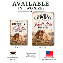 Load image into Gallery viewer, Size comparison image showing 8x12 and 12x18 western cowboy aluminum sign options
