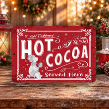 Load image into Gallery viewer, Old Fashioned Hot Cocoa metal sign displayed in a cozy rustic Christmas setting
