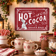 Load image into Gallery viewer, Vintage Hot Cocoa metal sign styled in a cozy rustic Christmas kitchen

