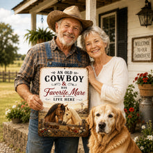 Load image into Gallery viewer, Couple with dog holding western cowboy and horse sign in rustic farmhouse setting
