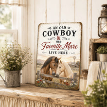 Load image into Gallery viewer, Decorative sign with two horses and text on a wooden surface with plants and lantern in the background.
