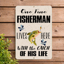 Load image into Gallery viewer, One Fine Fisherman metal sign with fish illustration, fishing gift for dad, lake house and cabin wall decor
