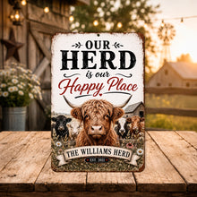 Load image into Gallery viewer, Personalized Our Herd Is Our Happy Place sign displayed in warm rustic farmhouse setting
