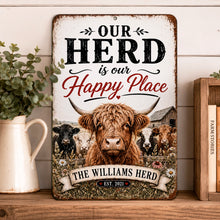 Load image into Gallery viewer, Personalized Highland cow family sign displayed on rustic shelf with neutral farmhouse decor

