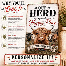 Load image into Gallery viewer, Why You’ll Love It infographic for personalized Highland cow metal sign with custom family name and established date
