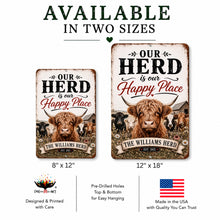 Load image into Gallery viewer, Personalized Highland cow metal sign shown in available 8 x 12 and 12 x 18 inch sizes
