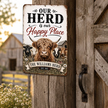 Load image into Gallery viewer, Personalized Highland cow metal sign displayed outdoors on weathered wood with country flowers
