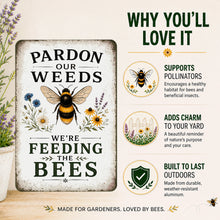 Load image into Gallery viewer, Bee garden sign feature graphic highlighting durable aluminum construction weather resistance and easy hanging design
